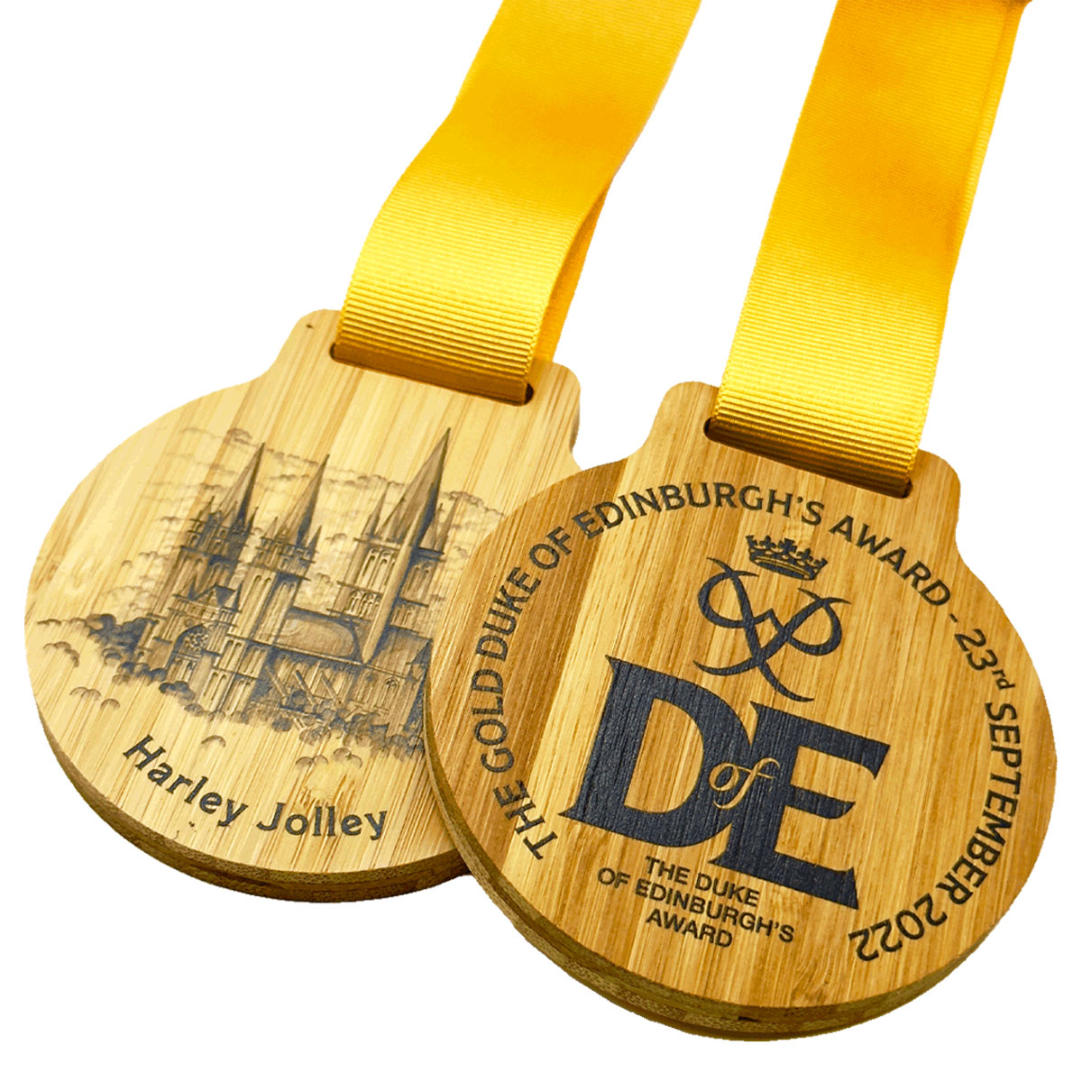 The gold duke of edinburghs award medal produced with sustainable materials