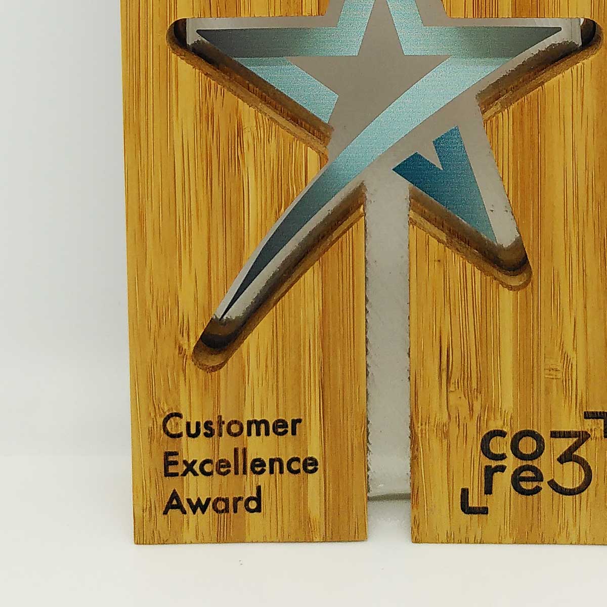 Modern eco award featuring kiln-fired recycled glass and warm-toned bamboo | by More Awards