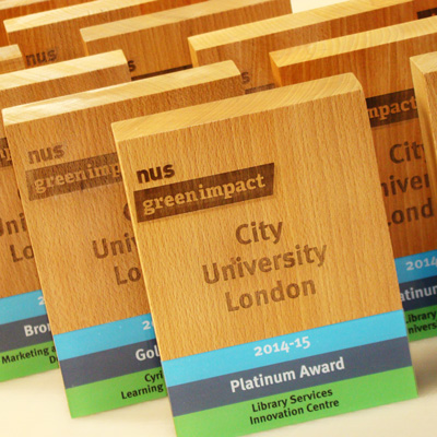 Eseld awards produced from eco timber with laser engraved text for the City University Awards Lodon