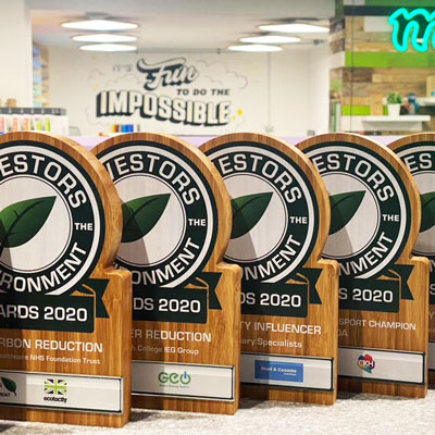 Investors in the environment awards produced in bamboo with leaf design on face | By More Awards
