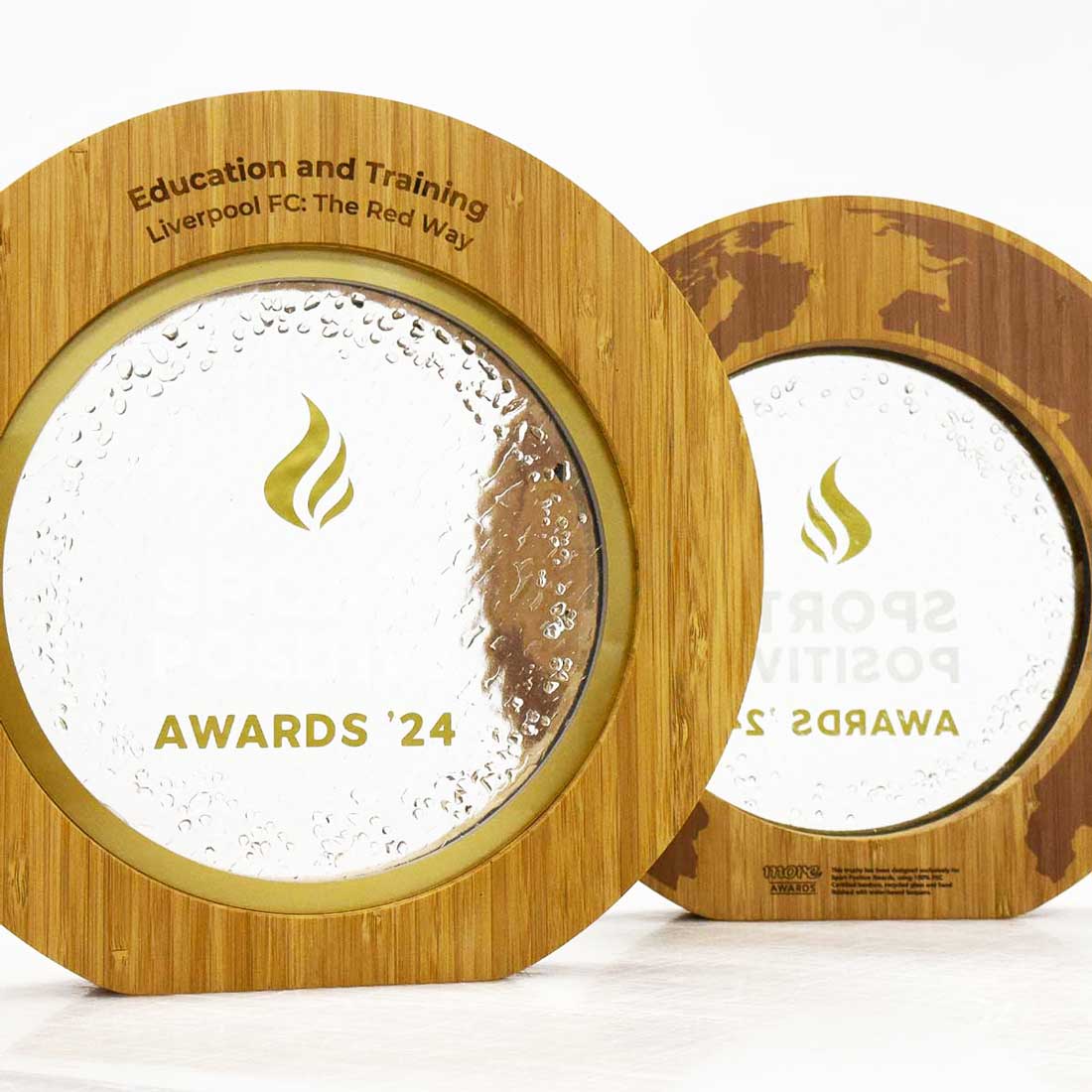 Sports positive awards with recycled glass details and laser engraved branding for Liverpool Football Club by More Awards