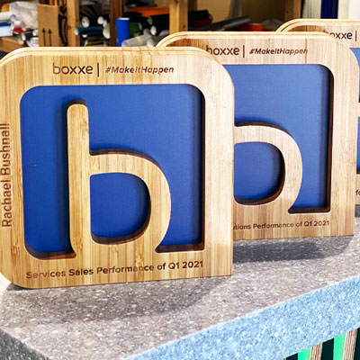 Lowena sustainable award produced for Boxxe incorporating the B as part of the design and in a nice blue colour