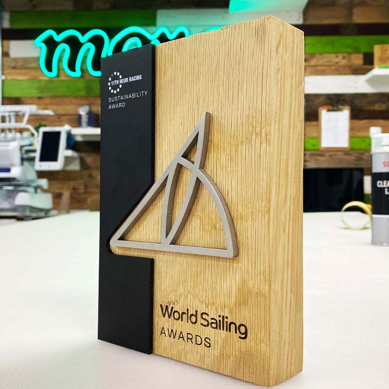 Sustainable Eseld award produced for the World Sailing Awards with stainless steel sail detail by More Awards